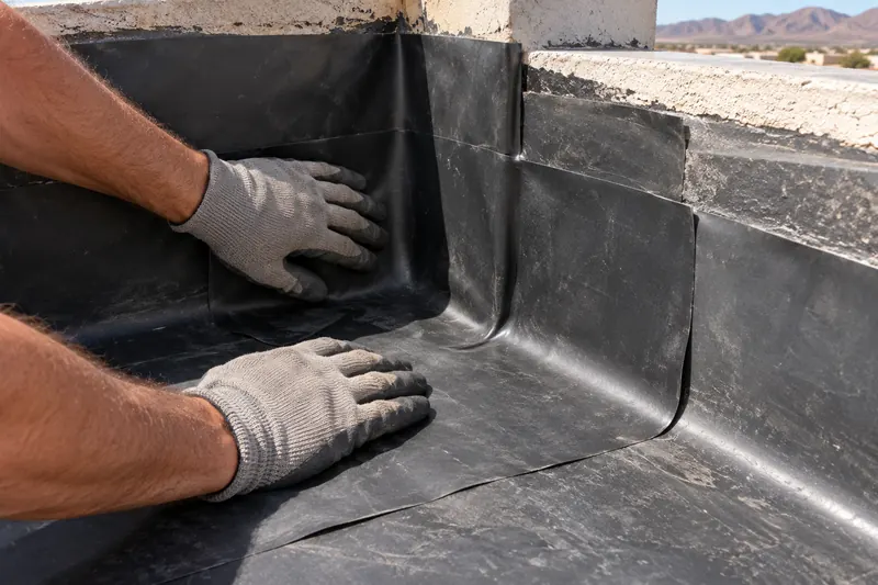 Gloved hands pressing EPDM flashing into an inside parapet corner