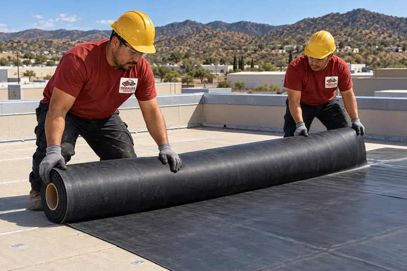 Two roofers unrolling a black EPDM sheet over cover board on a flat roof