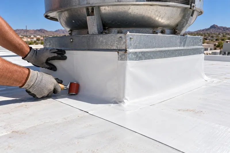 Membrane flashing being rolled onto a rooftop exhaust fan curb