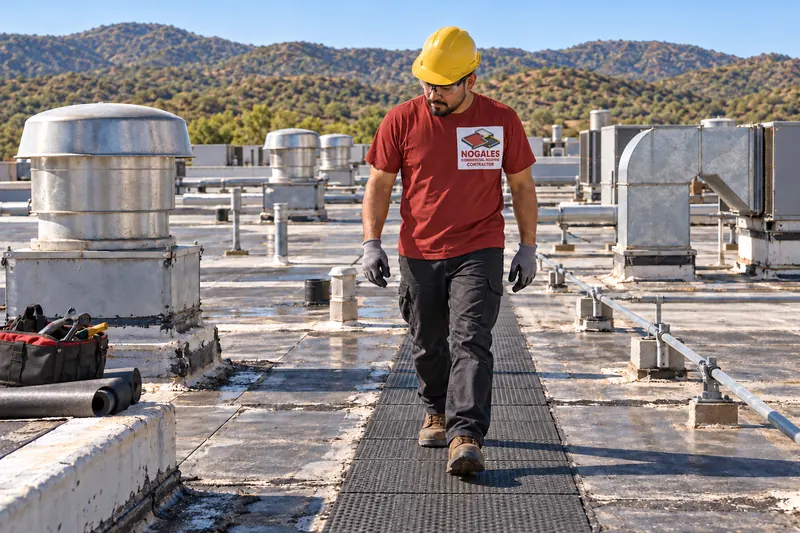 Roofer walking a walk-pad path across a large industrial roof lined with exhaust fans