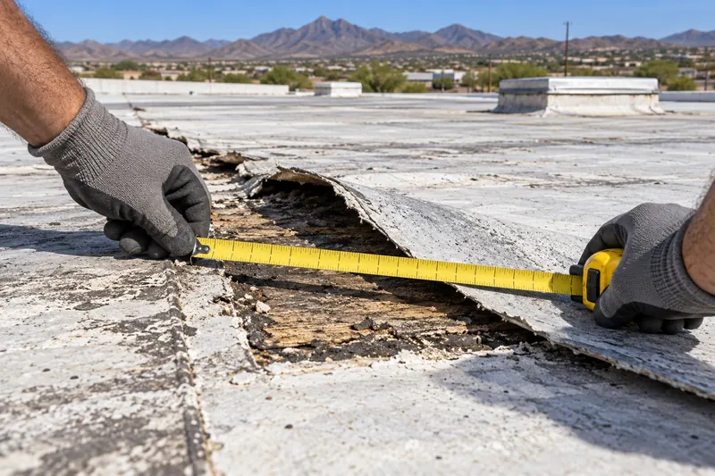 Tape measure across a wind-lifted membrane edge on a flat roof