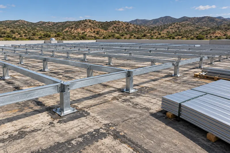 Metal retrofit framing set in rows over an old flat roof with a panel bundle nearby
