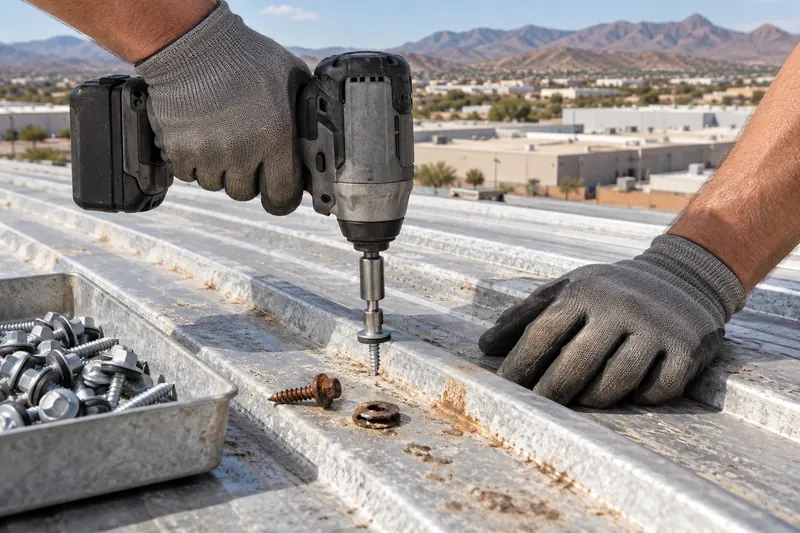 Drill replacing worn exposed fasteners on a ribbed metal roof panel