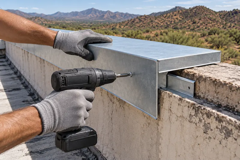 Drill fastening galvanized coping cap onto a parapet wall