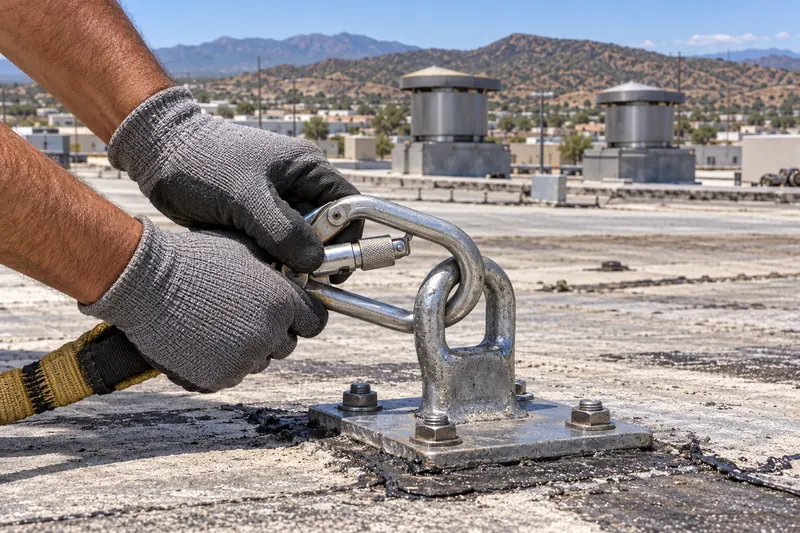 Carabiner being clipped onto a roof anchor on an industrial roof