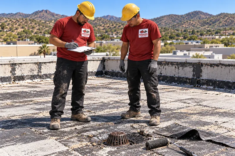 Crew lead checking items off a clipboard beside a roof drain