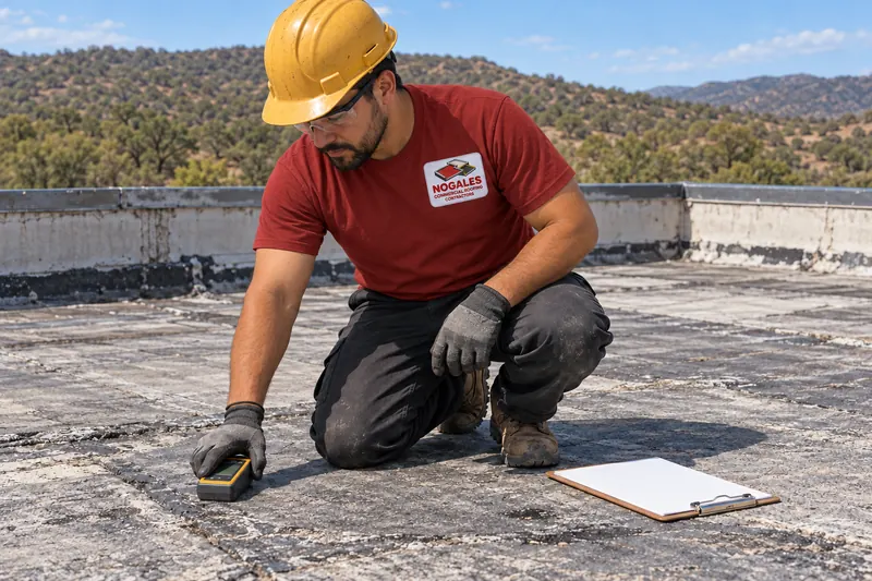 Roofer kneeling on a worn low-slope membrane with a moisture meter and clipboard
