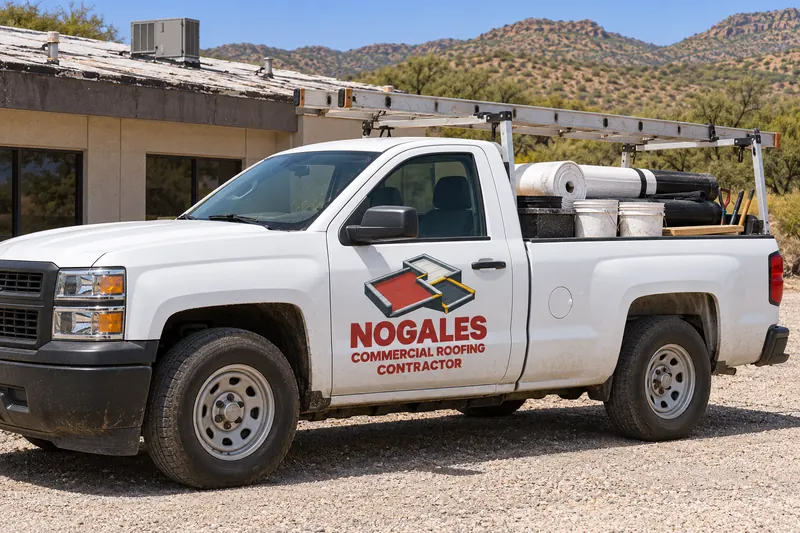 Roofing work truck with a ladder rack and membrane rolls beside a single-story commercial building