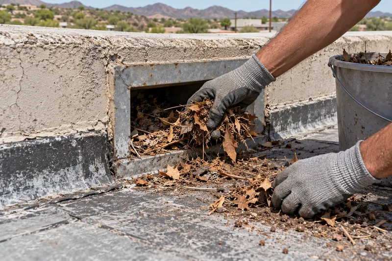 Leaves being cleared from a roof scupper