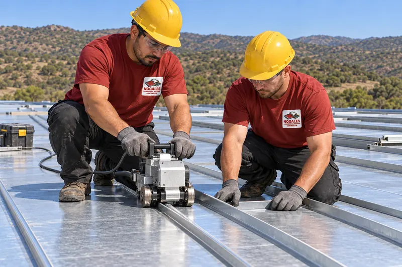 Two roofers closing standing seam metal panels with an electric seamer