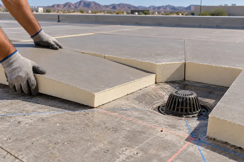 Gloved hands setting tapered insulation boards toward a roof drain