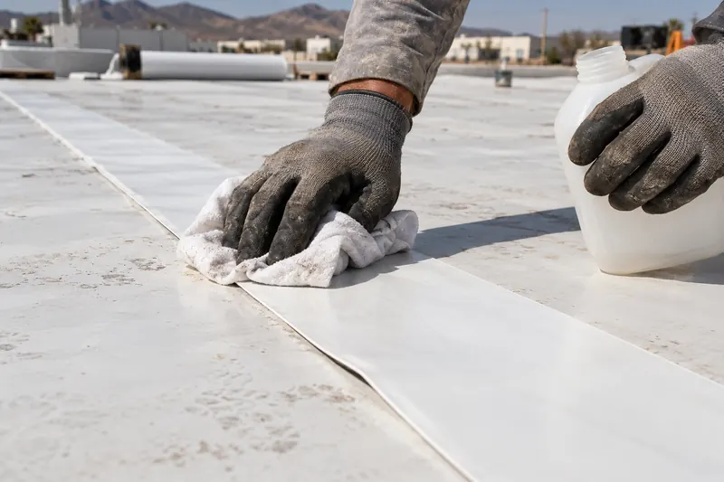 Gloved hand cleaning a white TPO lap before heat welding