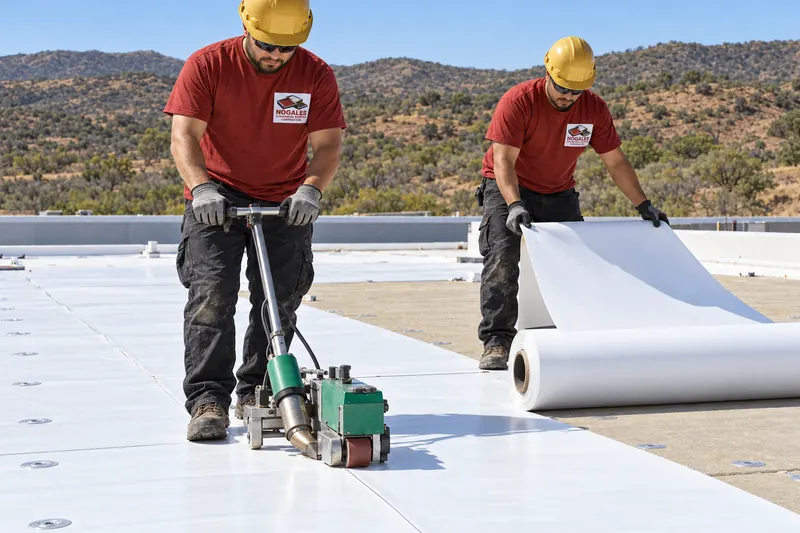Two roofers heat-welding and unrolling white TPO membrane on a commercial roof near Nogales, AZ